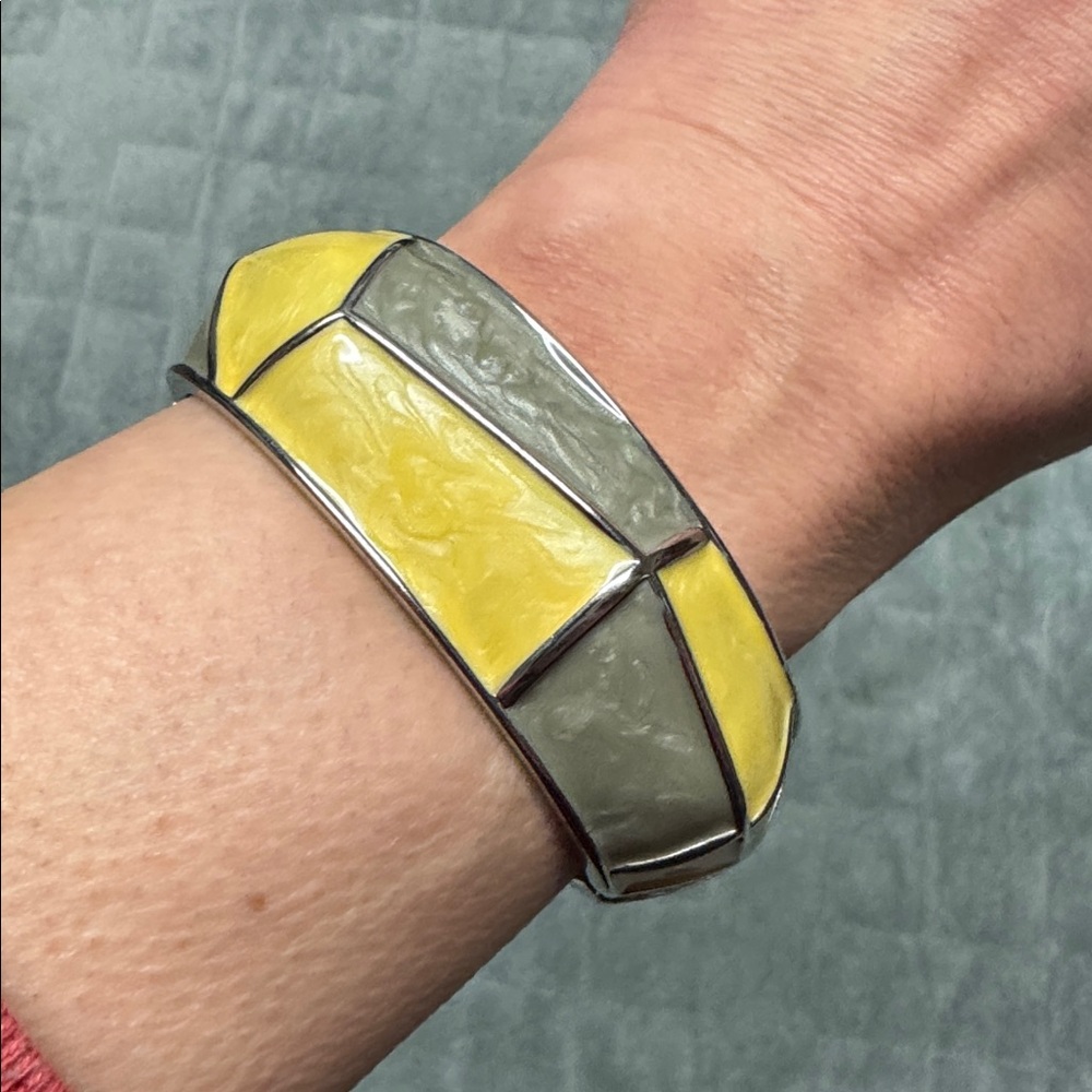 Vintage Silver and Enamel Bangle Bracelet, Art Deco, Yellow, Green, Retro, Boho